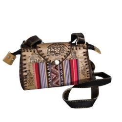 Engraved Shoulder Small Purse Leather & Colorful Design Textile Peru  READ BELOW