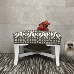 Beautiful Reupholstered Ottoman ... New Fabric Freshly Painted Distressed 21x18x15.. Check Out My Other Offers Too 