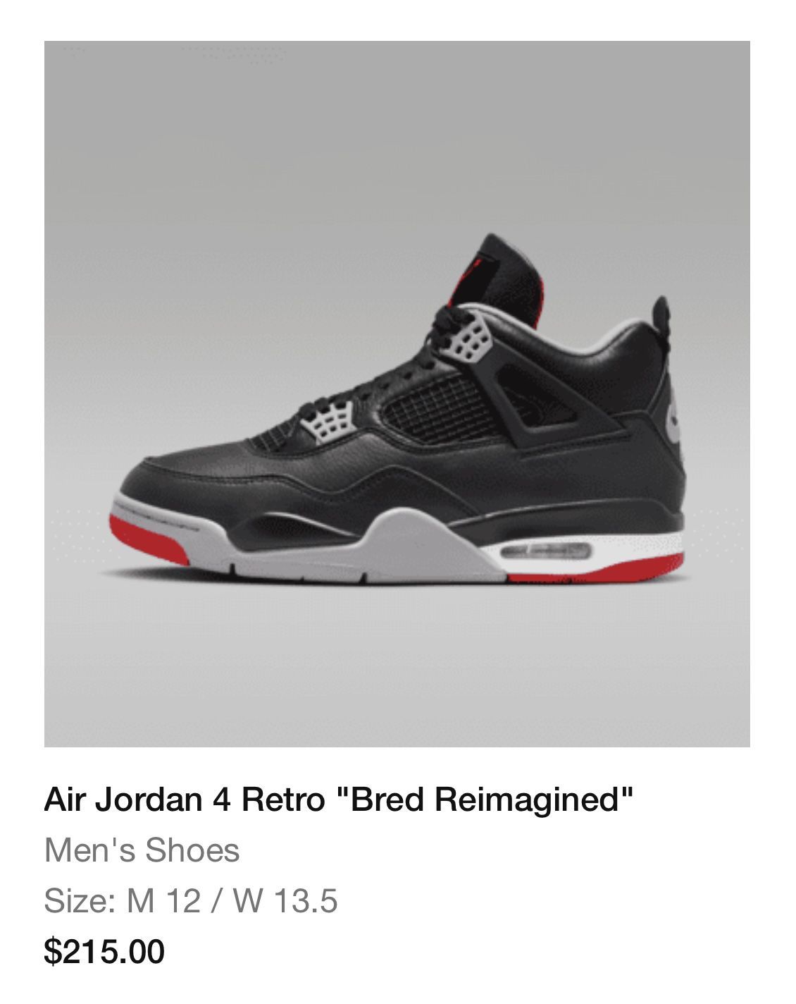 Jordan 4 Retro “Bred Reimagined” Size 12