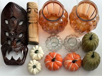 Fall Pumpkin Decor & Hand-Carved Wooden Tiki Mask Bundle