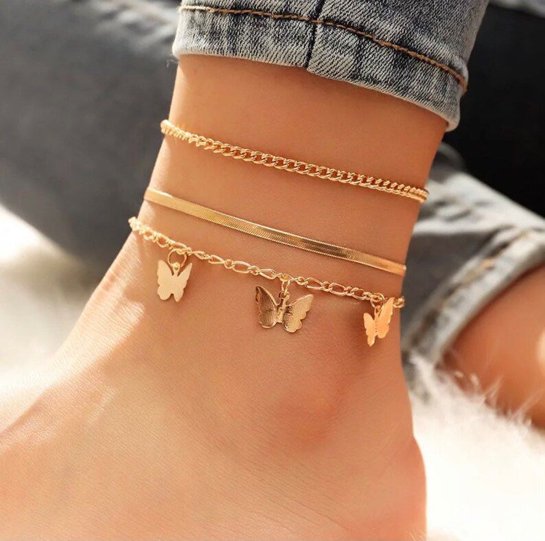 Gold Plaited 3 Piece Butterfly Anklet Set