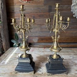 Vintage Pair of Bronze and Marble Candelabra