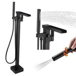 BESy Freestanding Bathtub Faucet Waterfall Tub Filler Matte Black Floor Mount Brass Single Handle Bathroom Tub Faucets With 2 Function Hand Shower Wan