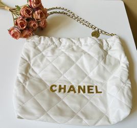 White Tote Bag With Gold Tone Hardware 