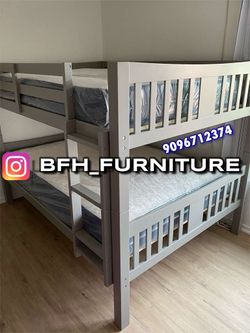 Full/full size grey bunkbed with orthpedic mattress included