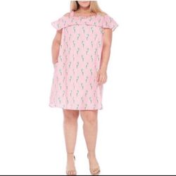 Crown & Ivy Women's Plus Size 1X Pink Striped Parrot Print Dress W/ Pockets