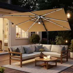 9 ft. x 11 ft. Solar-Lighted Patio Umbrella Dual Top Outdoor 360° Rotation Cantilever Offset Umbrella in Tan
