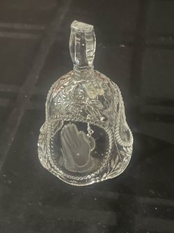 Vintage Emson 24% lead crystal bell with etched praying hands and Bible verse.