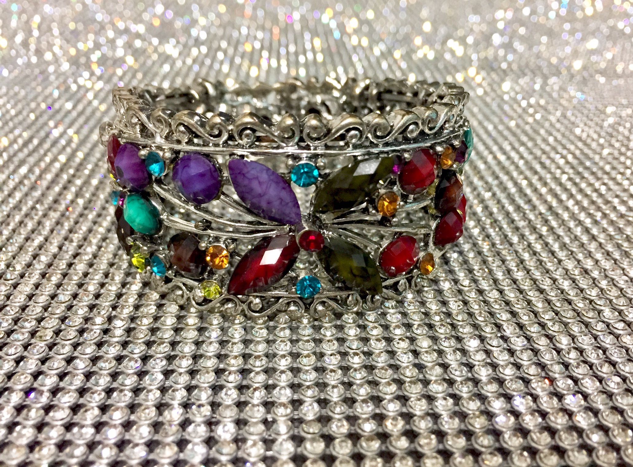 Elegant Stainless Steel and Crystal Gemstones Bracelet