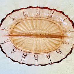 Pink Depression Glass Oval Relish Dish With 2 Sections And Handles 