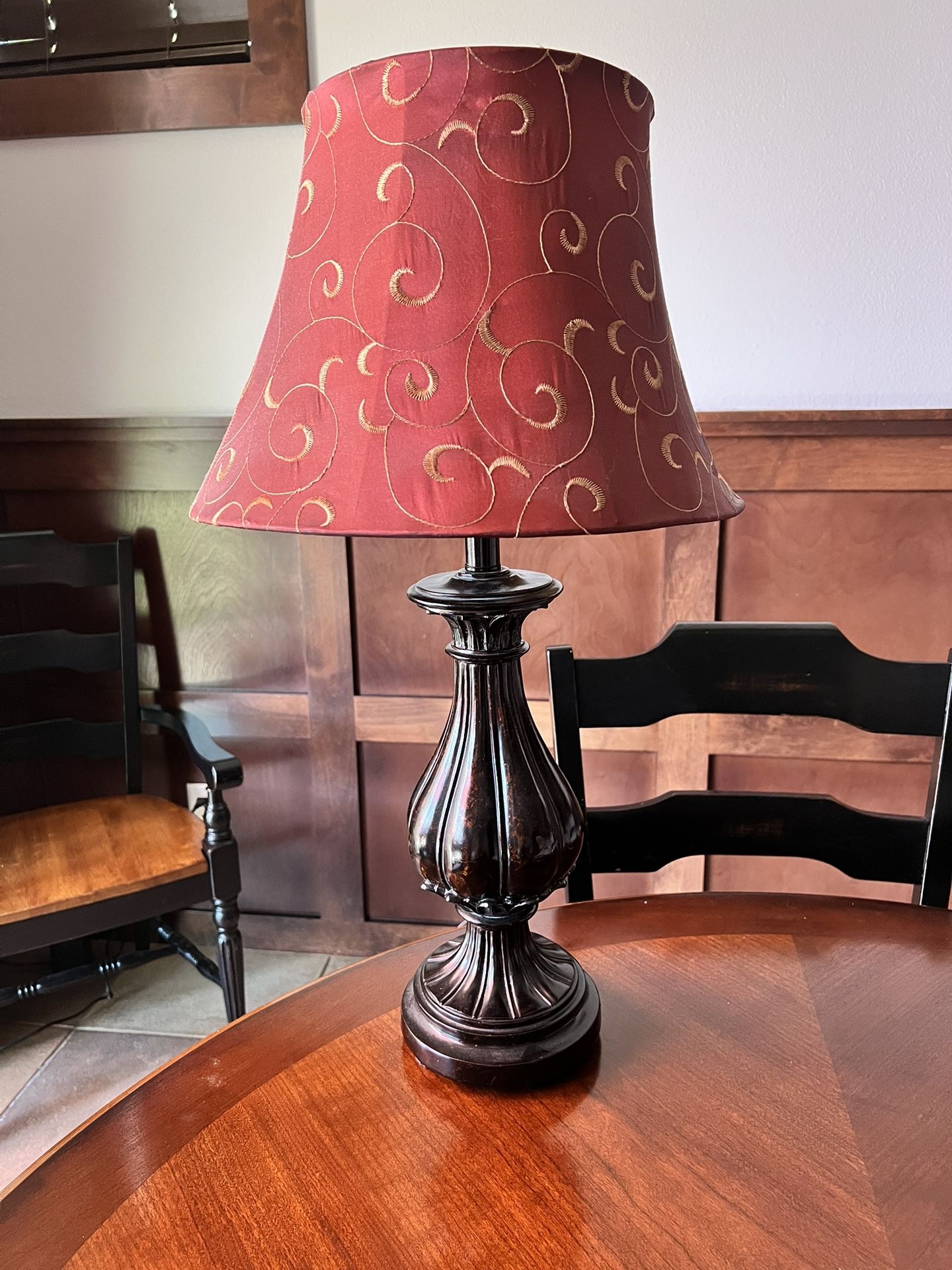 Resin Dark Stained Lamp with Burgundy And Gold Shade