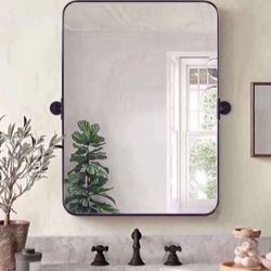 MOON MIRROR 24"x36" Matte Black Pivot Mirror for Bathroom, Metal Frame Bathroom Mirrors for Wall，Rectangle Titling Vanity Wall Mirror with Rounded Cor