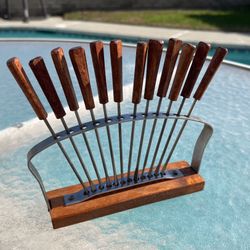 Vintage Wood Cocktail / Appetizer Picks with Stand, Mid Century Barware, Made In Taiwan Republic of China