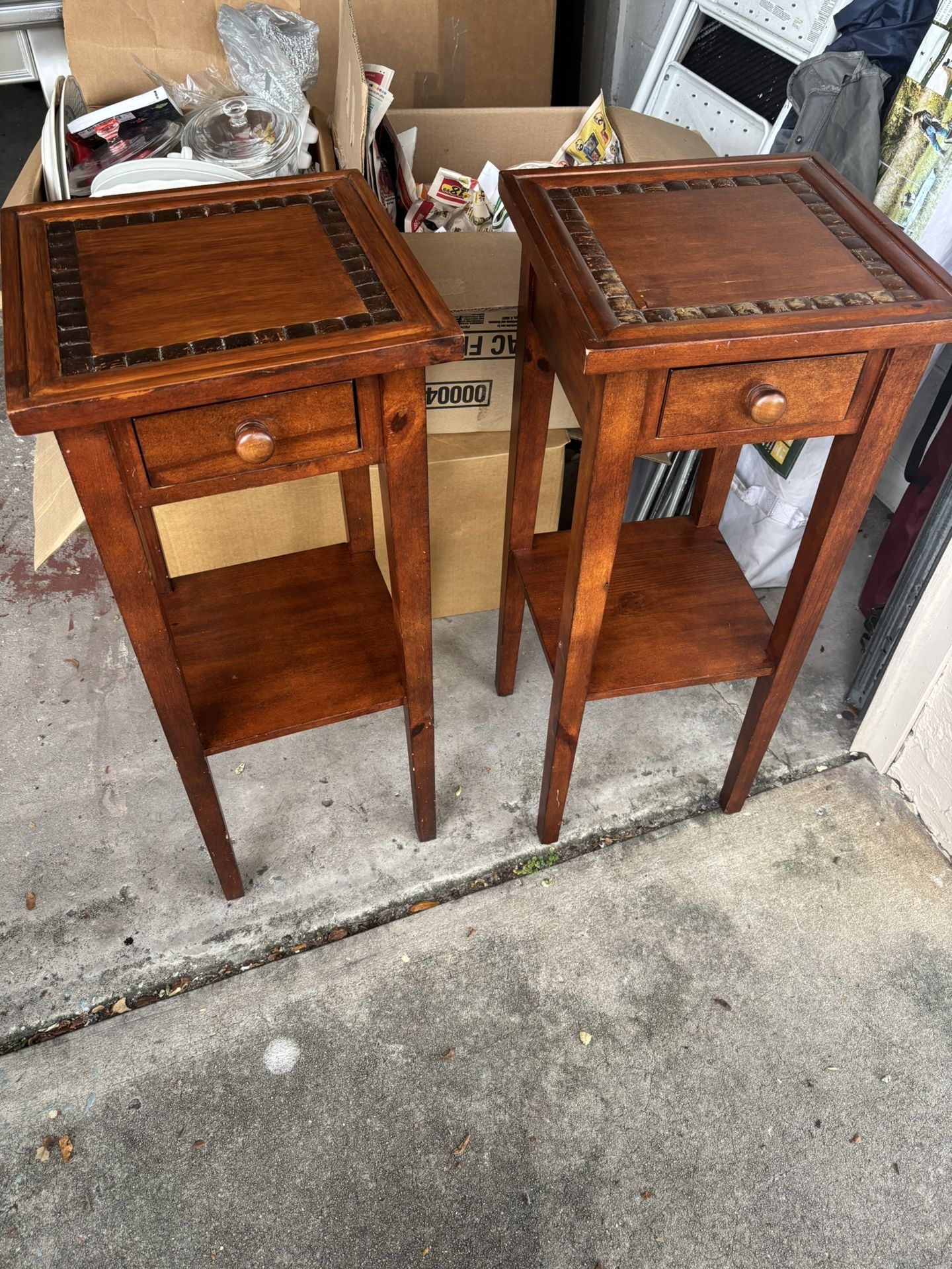 2 Vintage Knotty Pine Tiered Tables With Drawer And coconut Shell Border