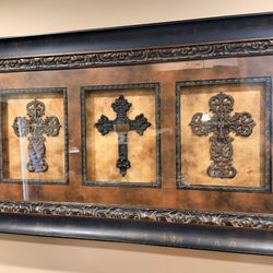 Visser Enterprise Ornate Metal Triple Crosses  Crystals Shadowbox Wood Frame
