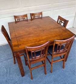 7-PC LARGE, BROWN FINISH, HIGH TOP FORMAL DINING SET (TABLE WITH LEAF AND 6 PADDED CHAIRS)