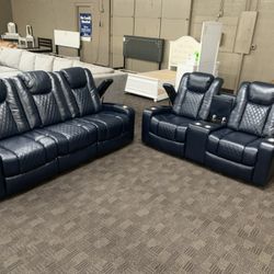 Blue Leather Power Reclining Set 
