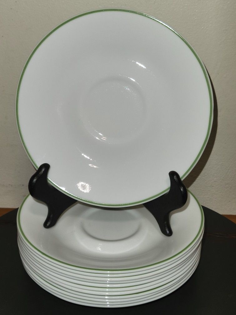 Set of 12 like new.Corelle Corning Ware White Saucers with Light Green bands / stripes see pics.