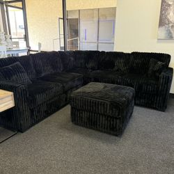 Black Corduroy Sectional With Ottoman 