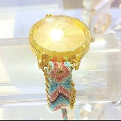 Yaki Women’s Quartz Gold Braided Teal & Pink Adjustable Tie Band Wrist Watch