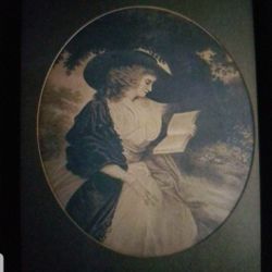 Antique *Lady-in-Waiting* Wood framed picture ...... good condition.