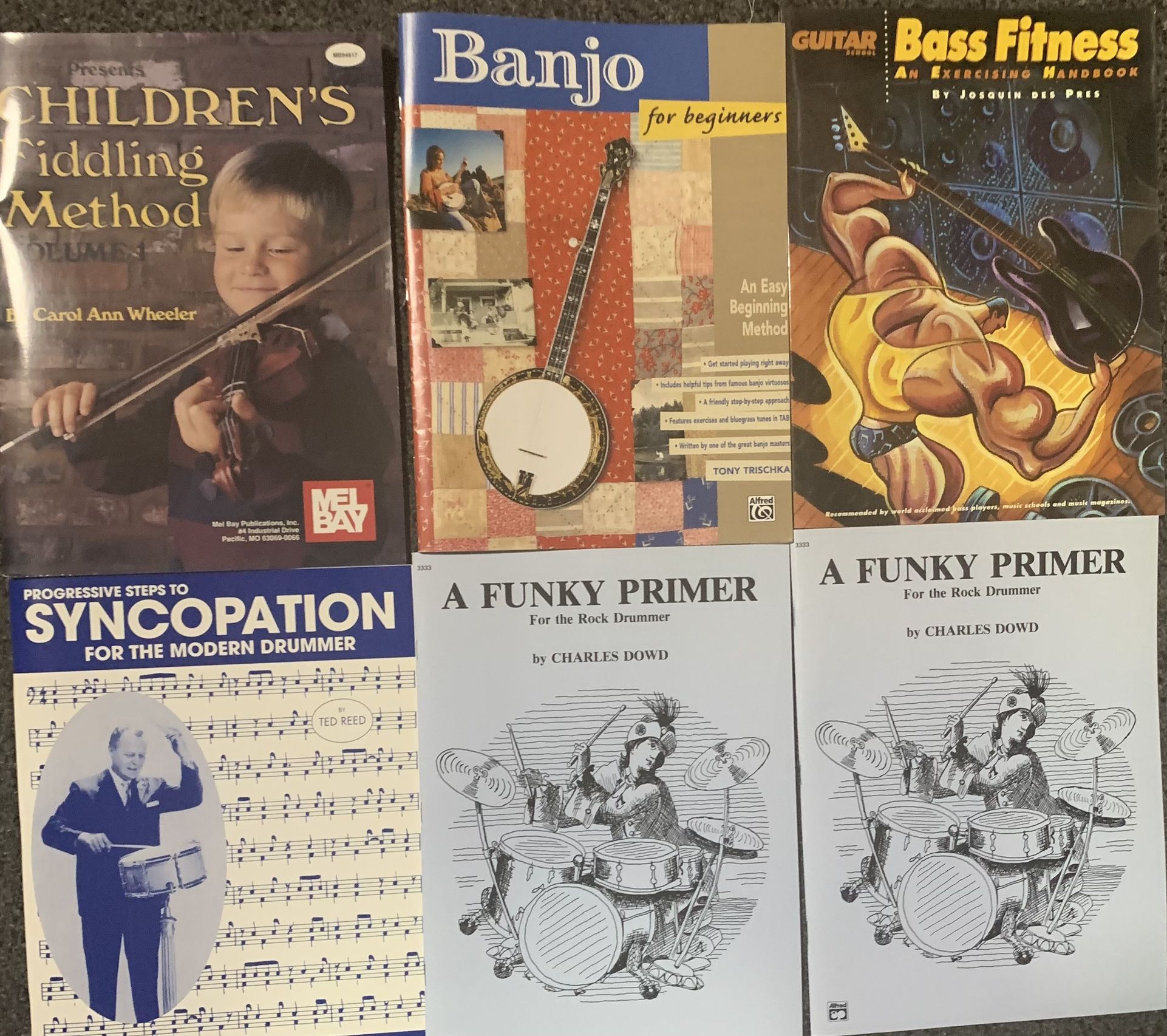 New Music Lesson Books -fiddle - Banjo- Bass Guitar - Drums - $5 Each