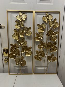 Set of 2 Gold Metal Orchid Floral Wall Art Panels – 36” x 14”