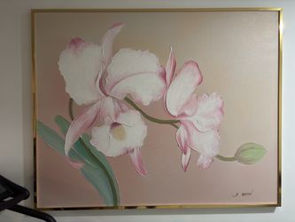 Vintage J. Watson Signed Floral Orchid Textured CANVAS Painting Gold Frame Wall Art
