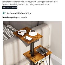 Swivel Side Table for Couch Arm, Height Adjustable C Shaped End Table for Recliner or Bed, Tv Trays with Storage Shelf for Small Spaces- Small Nightst