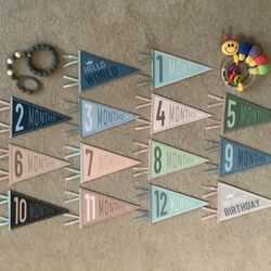Milestone Felt Banner Flag Set (14 Pieces) and 2 Toys