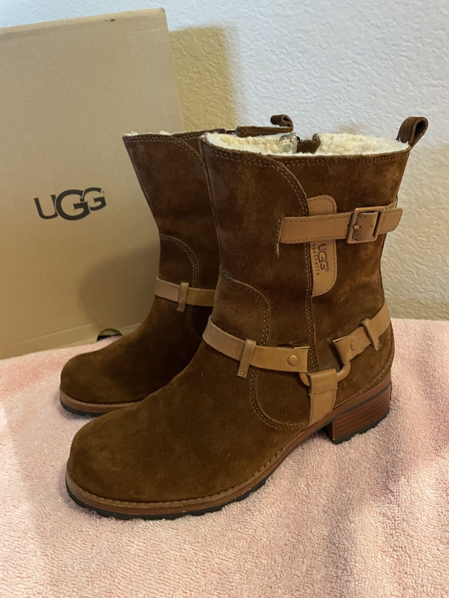 UGG Endell Harness Suede Boots, Size 8, Western, Moto