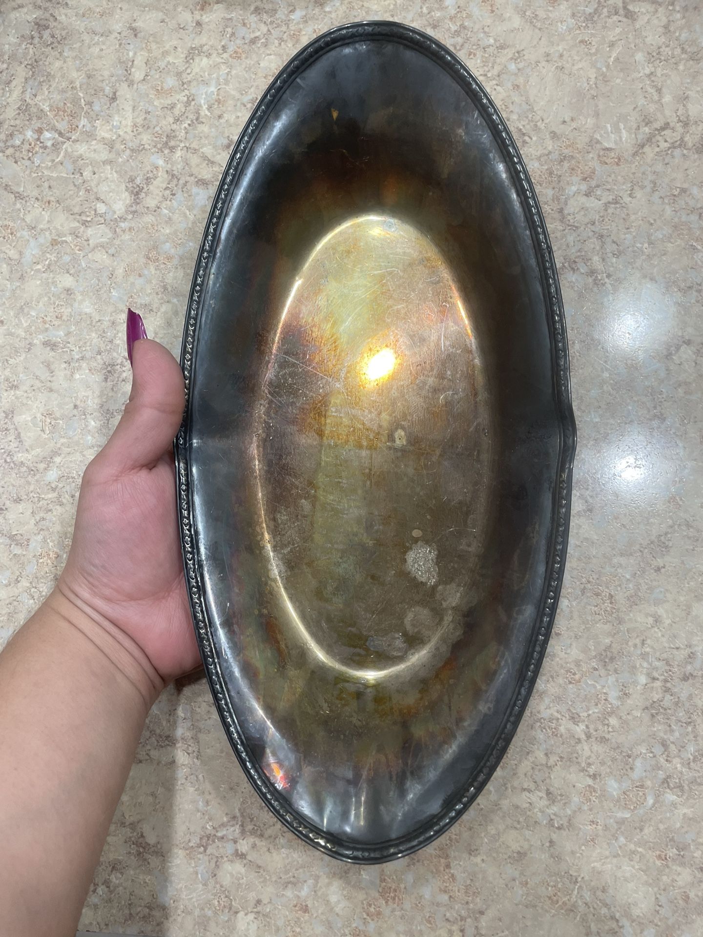 Signed Vintage 1950’s Silver Plated Oval Bread Tray With Patina - 5$
