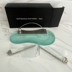 NIB Golf Business Card Holder with frosted aqua glass & 2 clubs