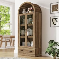 75" Tall Arched Kitchen Pantry Storage Cabinet, Farmhouse Wood Pantry Arched Cabinet with Drawer, Glass Door and Adjustable Shelves for Dining Room Li