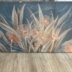 Elegant Oversized Floral Canvas with Soft Neutral Flowers on a Blue Background 29x58 inches New