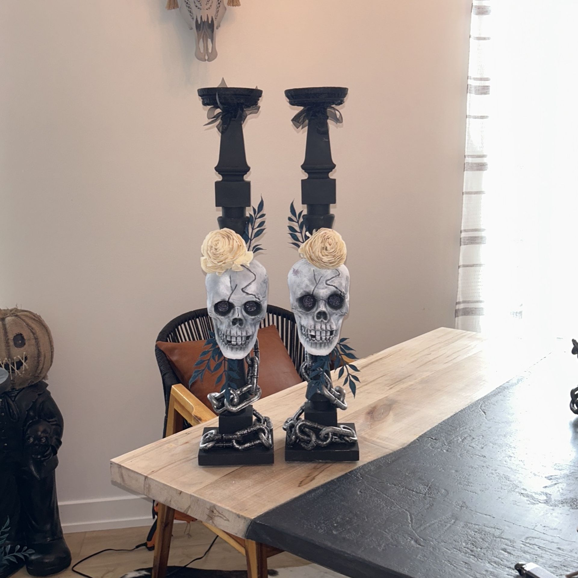 2 Homemade Wooden Skull Candle Pillars