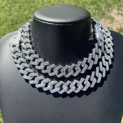 14k White Gold Plated Cuban Prong Link Chain 20mm 18” 20” Iced out Premium Choker Necklace Box Clasp