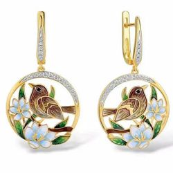 Floral Bird Round Earring 14K Gold With Scattered Diamonds 