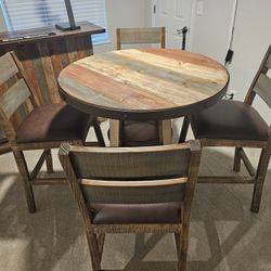 Rustic solid wood bar and dining set from the International Furniture Direct “Antique Multicolor” collection in excellent condition.