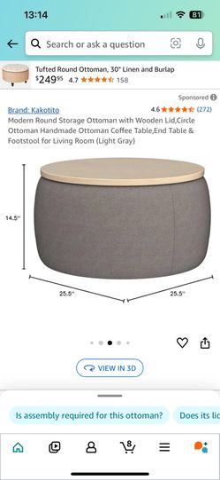 Modern Round Storage Ottoman with Wooden Lid,Circle Ottoman Handmade Ottoman Coffee Table,End Table & Footstool for Living Room (Light Gray)