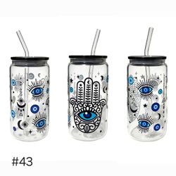 Hamsa Hand Evil Eye Clear Glass Tumbler Cup 16oz Black Design