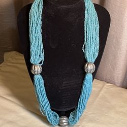 VTG Turquoise Tone Glass Seed Beaded 30 Strand Necklace