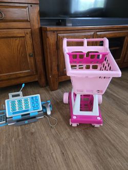 TOY CASH REGISTER AND SHOPPING CART