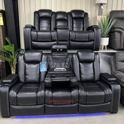 Brand New/ Black Reclining Power Leather Living Room Set/ Sofa And Loveseat/ Couches/ Delivery Available 