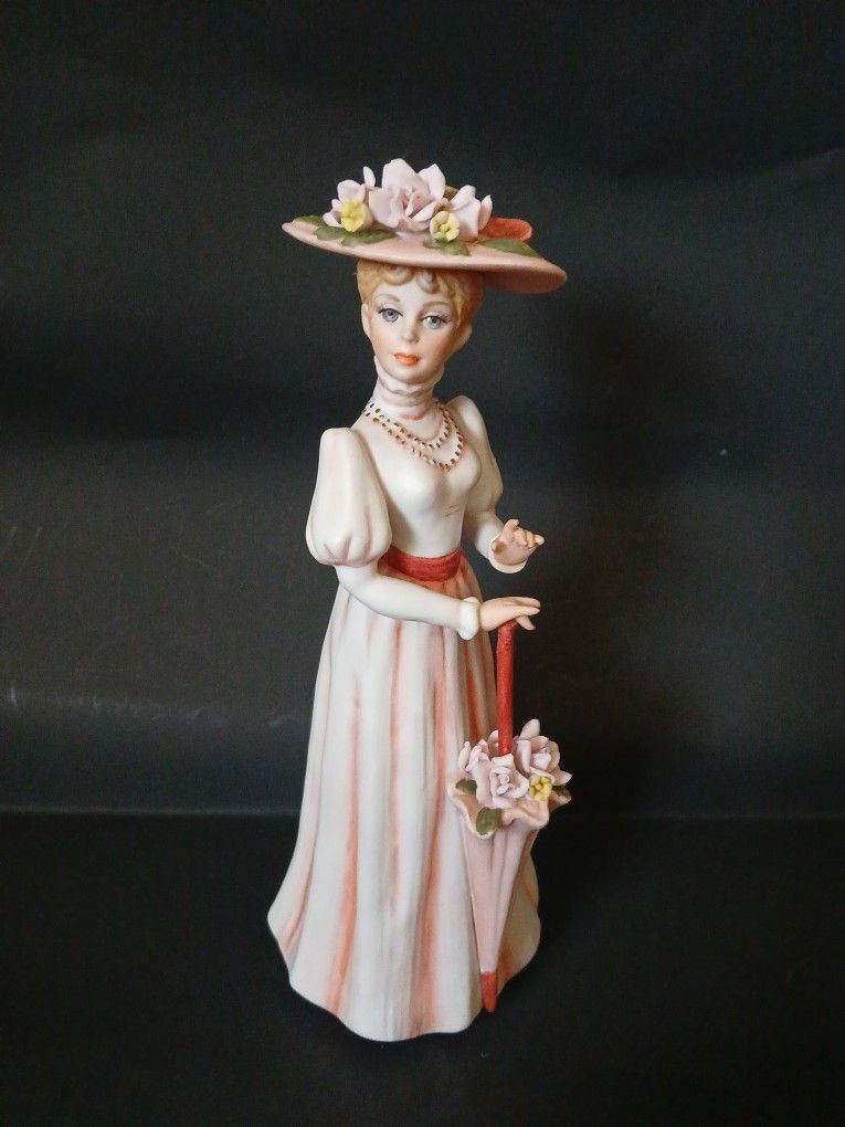 Vintage Enesco Elegant Lady Pink Dress with Parasol & Flowers (E9009) 9 " tall