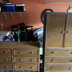 Pier 1 Miranda Wooden Wicker Steel Armoire Cabinet Three Drawers shelf