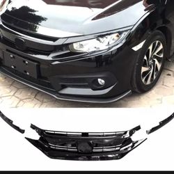 Fits 16-21 Honda Civic 10th Gen Mesh Front Bumper Hood Grille Grill Gloss Black