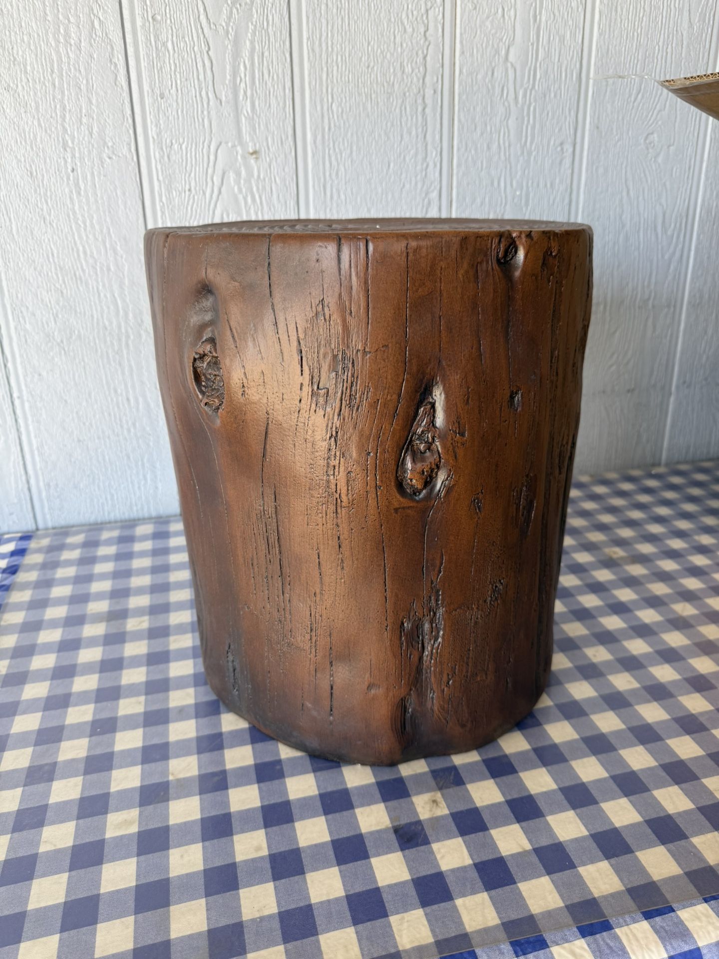 COSIEST Outdoor End Table Walnut Colored Faux Wood, Hand-Painted Wood Stump Stool, Ottoman or Plant Stand, Deck or Garden