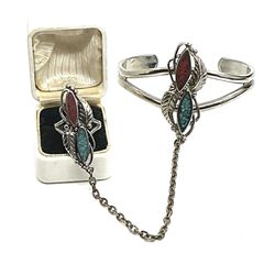 Fashion, Turquoise And Coral Colored Slave Bracelet, And Ring Size 7.  711.