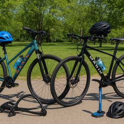 Two like-new Marin hybrid bikes with helmets, pump, and bike rack included. Ready to ride!